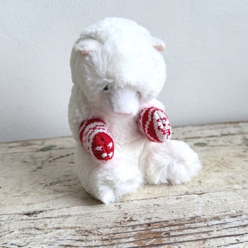 Douglas Cuddle Toys White Kitten Plush Red White Knit Mittens Winter Cat 9"